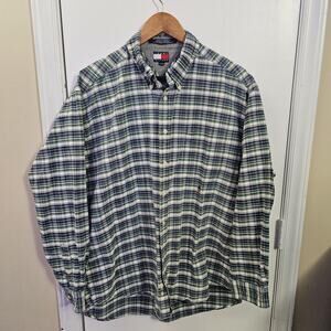 VINTAGE Tommy Hilfiger Plaid Denim Shirt Men XL Crest Logo Long Sleeve 90s Y2K